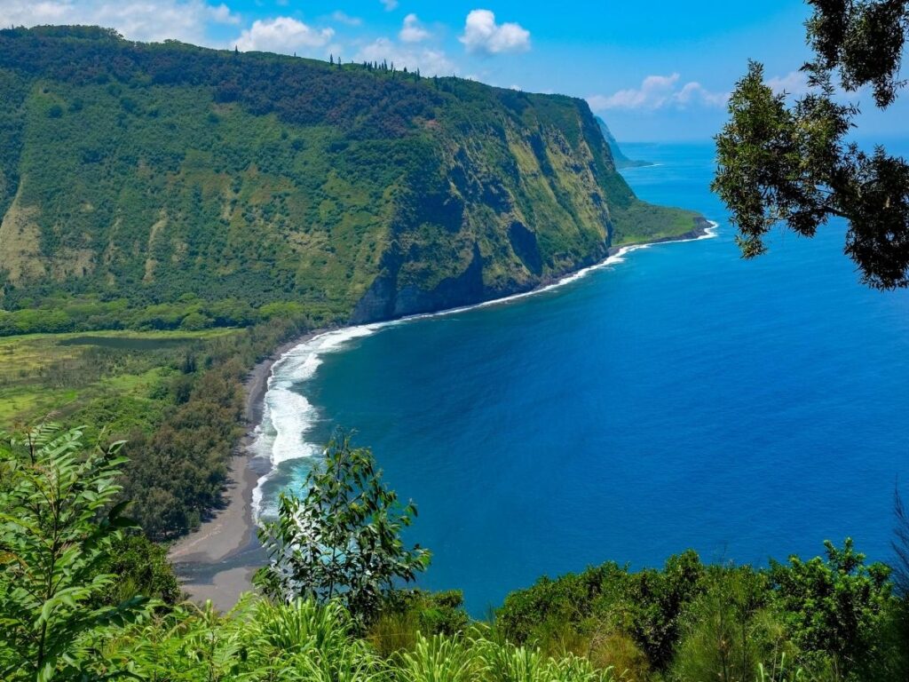 View from Waipio Valley Lookout showing green cliffs and black sand beach below