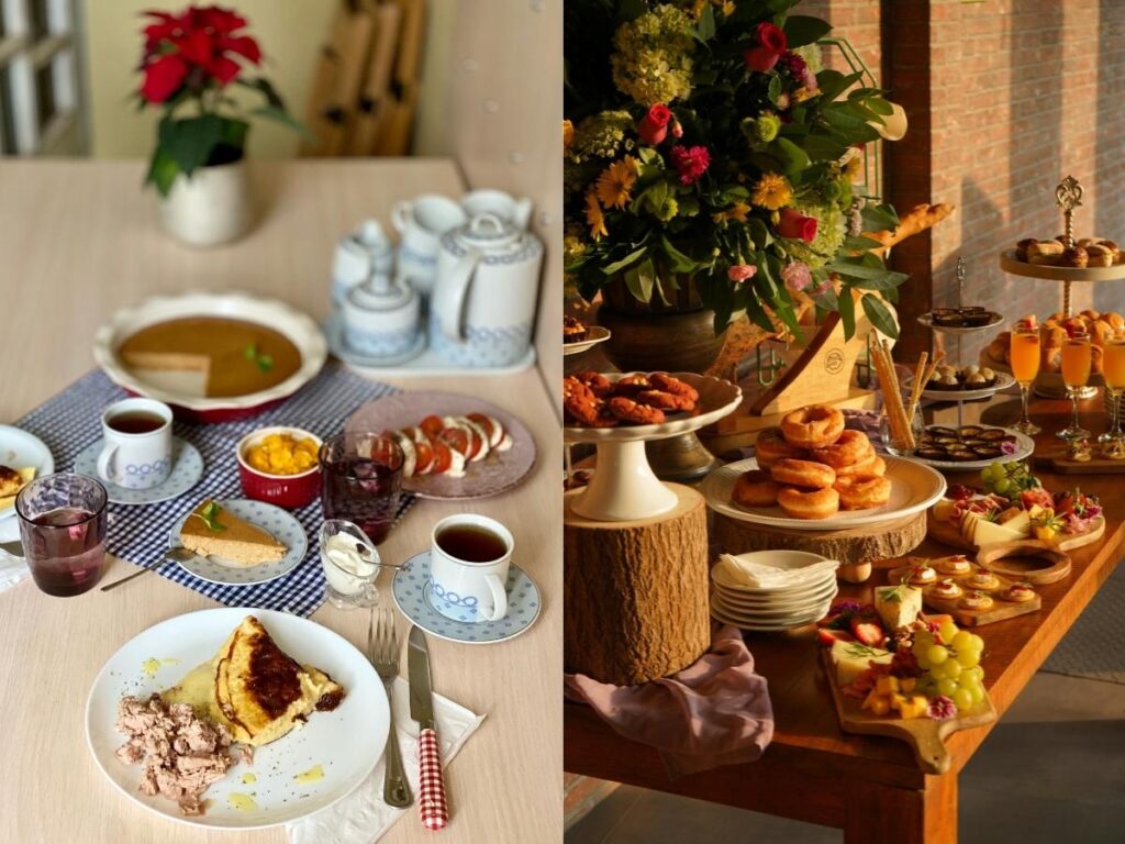 Homemade breakfast in an Airbnb kitchen vs. hotel buffet breakfast spread.