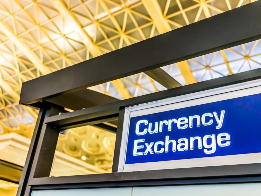 Airport currency exchange booth with digital board