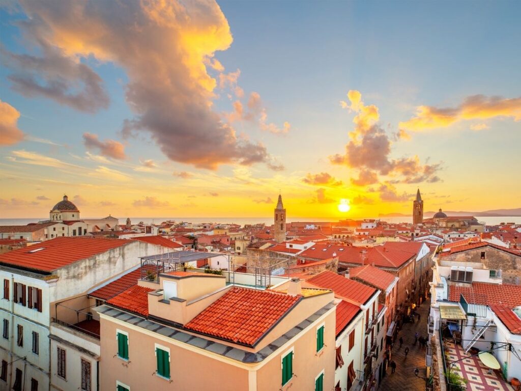 Cobblestone streets and Catalan-Gothic buildings in Alghero old town, Sardinia