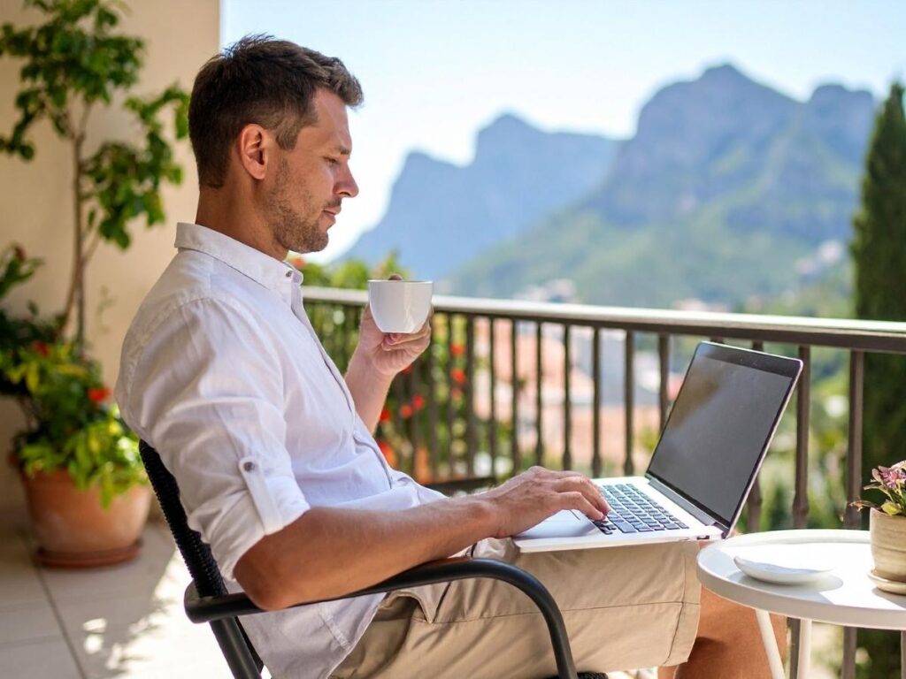 Traveler checking flight prices on a laptop in the morning with coffee.