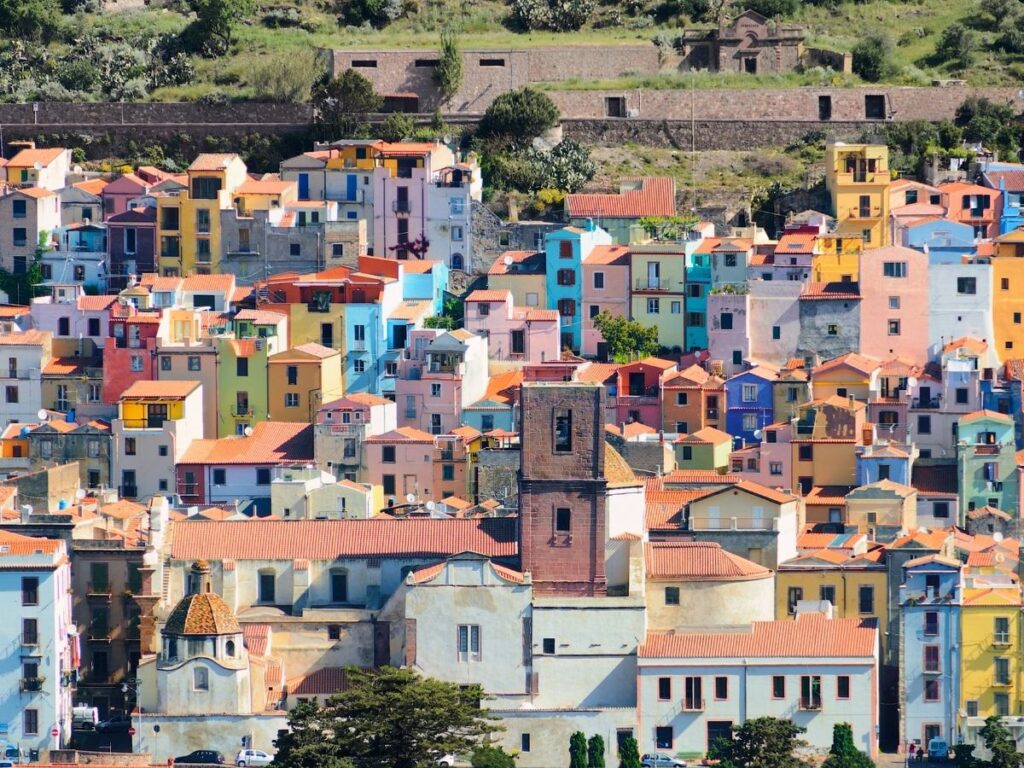 Pastel-colored riverside houses in Bosa, Sardinia