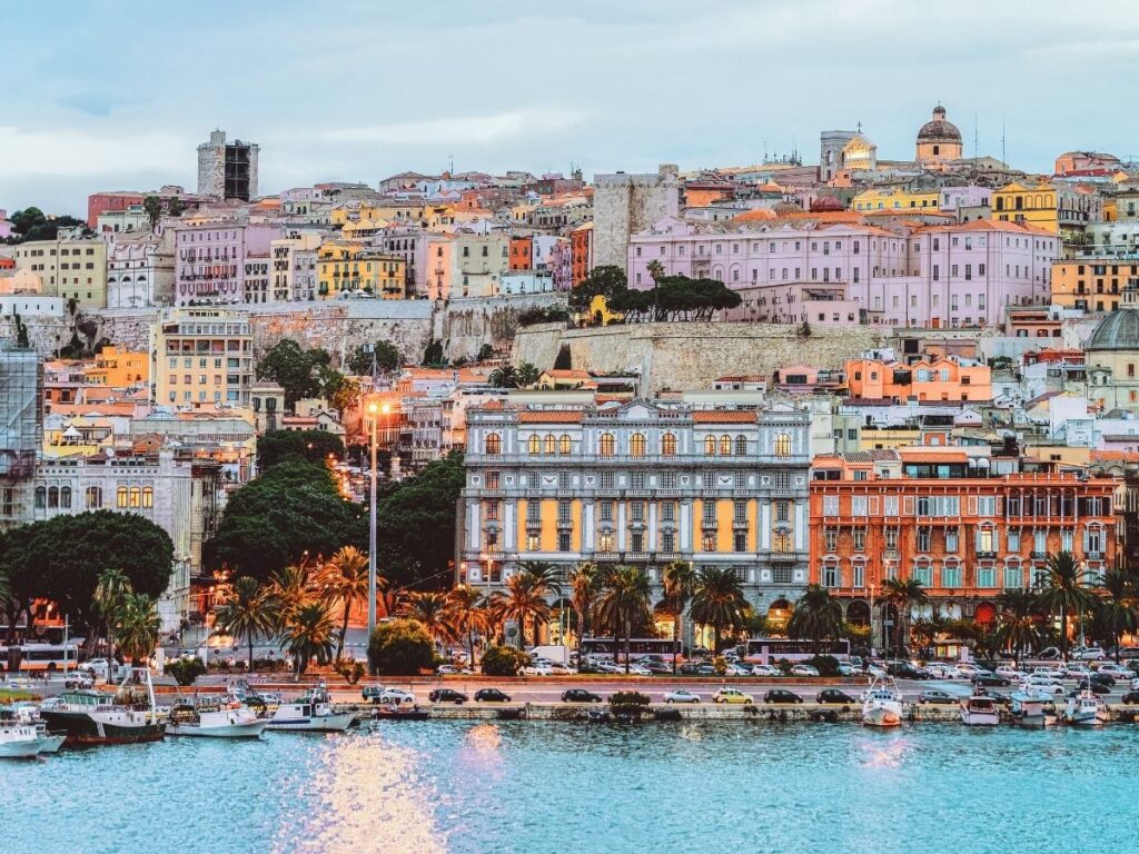 rooftops and Gulf of Cagliari, Sardinia