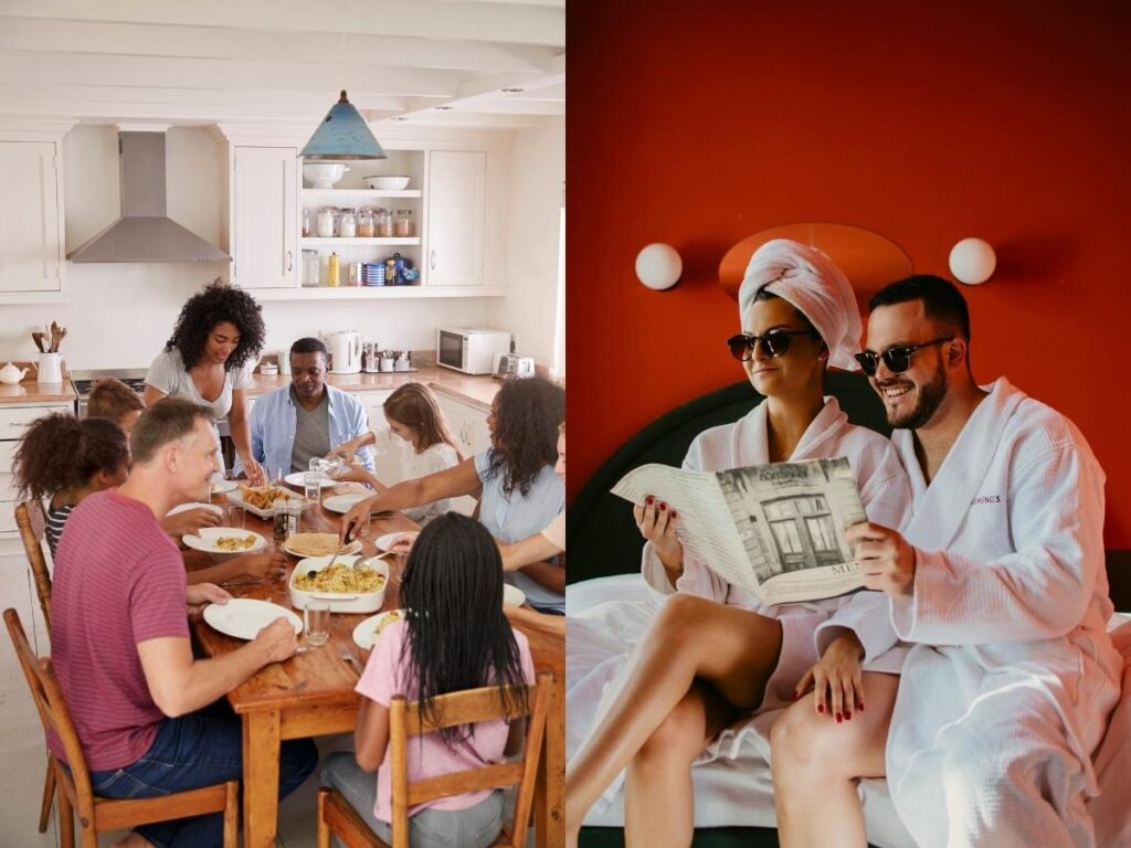 Family enjoying space in an Airbnb apartment compared to a couple in a luxury hotel.