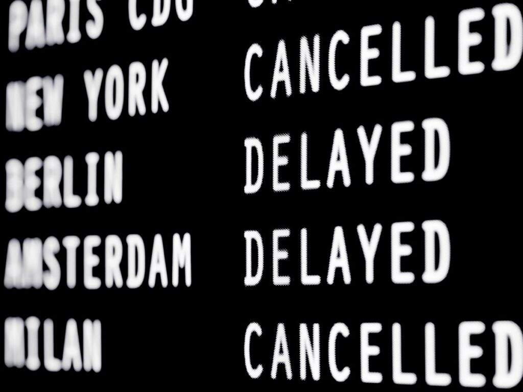 Flight screen showing cancellations and delays