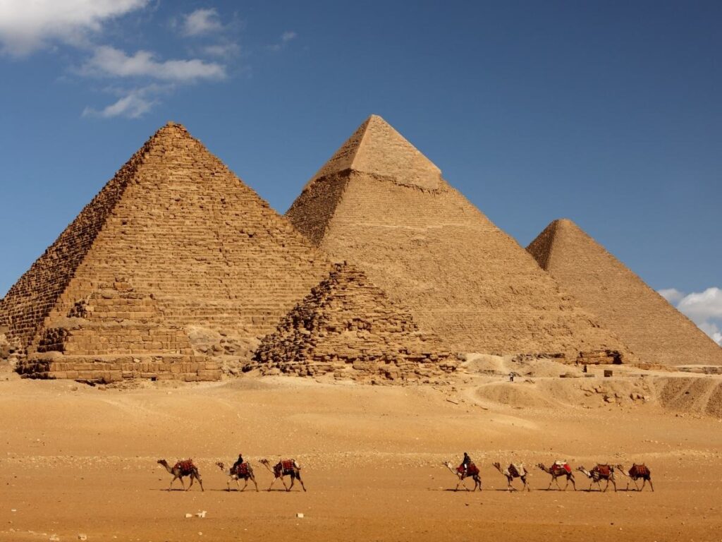 Great Pyramids of Giza under a clear blue sky in Egypt