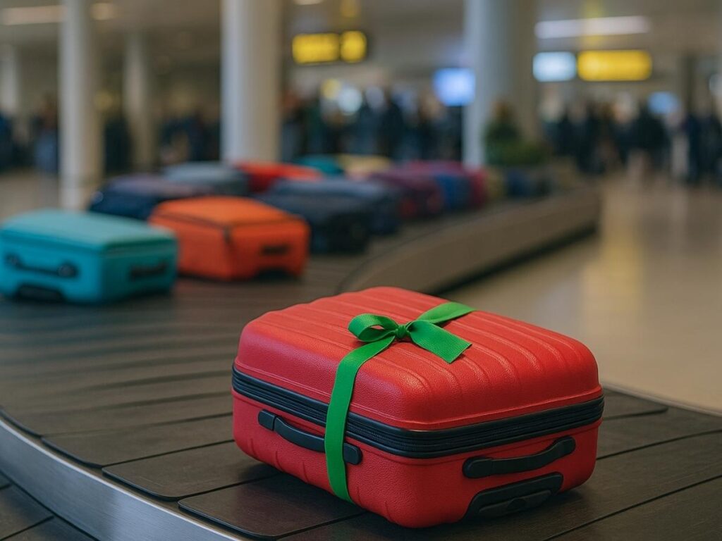 Suitcase with a ribbon tied to the handle on an airport floor