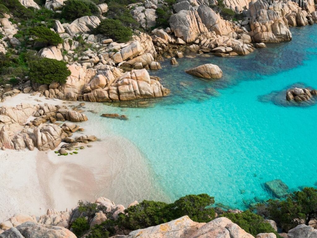 Turquoise waters and rocky coastline in Sardinia, Italy