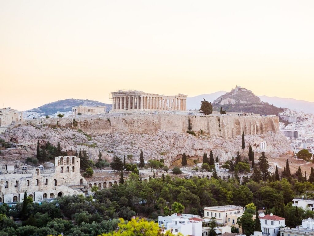 View of the Acropolis in Athens at sunset