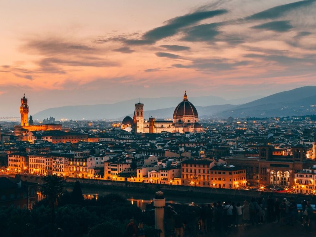 Panoramic view of Florence rooftops with Duomo Cathedral dome in the center