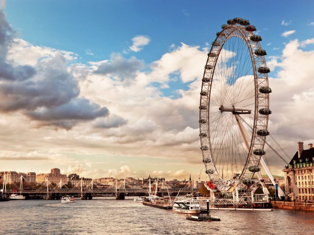 View of London’s South Bank with Thames River, and London Eye in the background