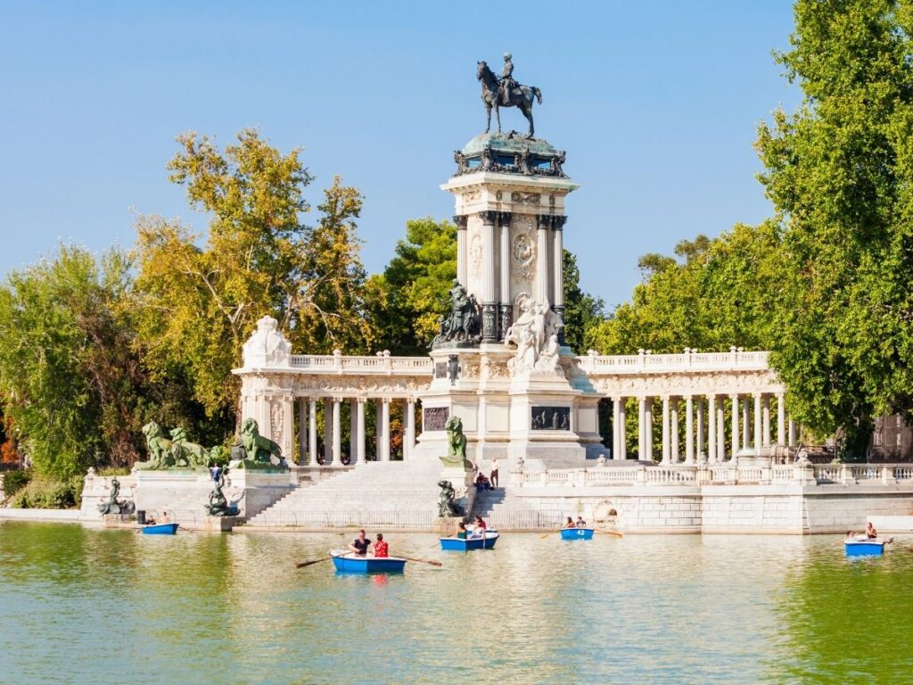 Retiro Park lake in Madrid with rowboats