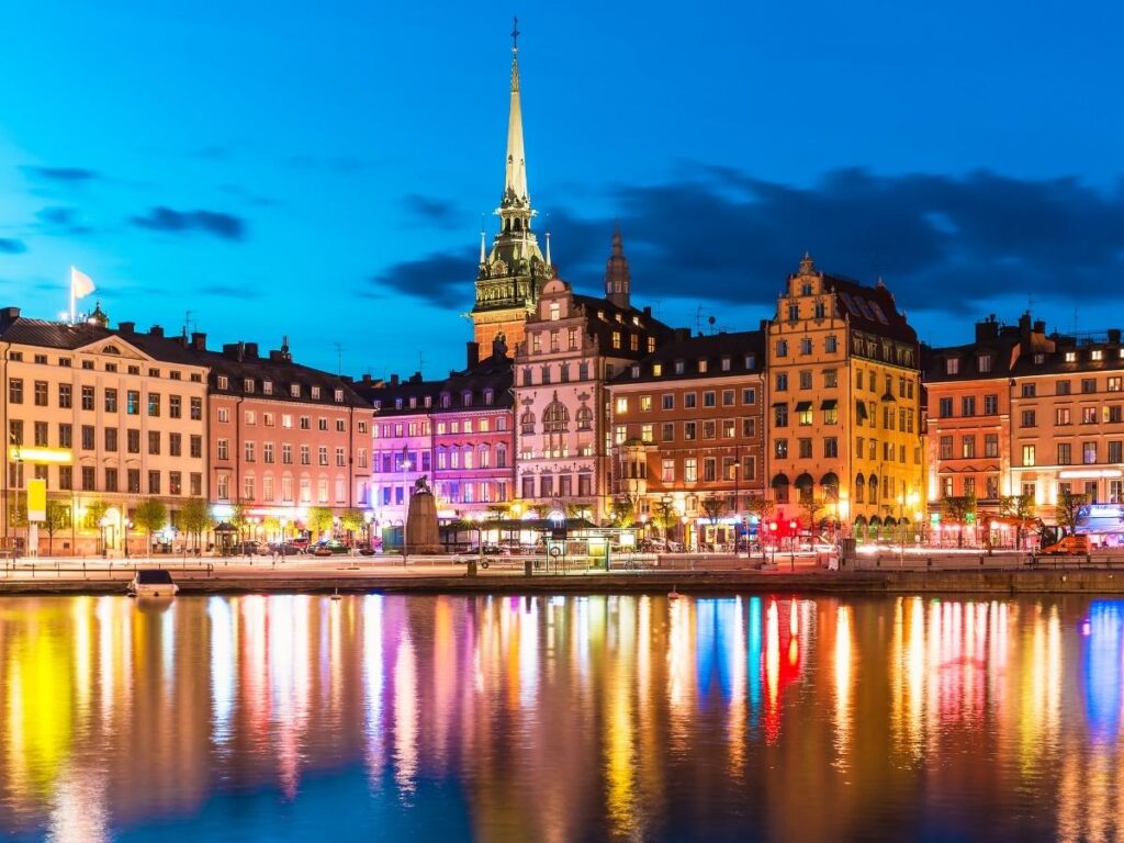 Colorful buildings along the Gamla Stan waterfront in Stockholm, Sweden.