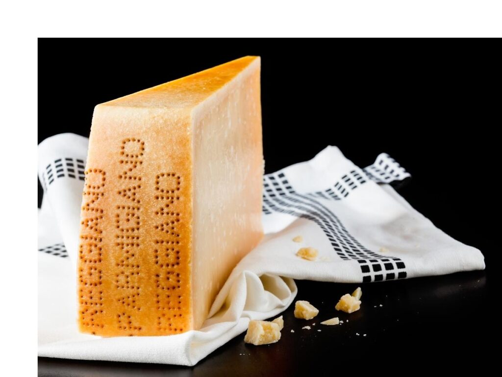 Close-up of the dotted Parmigiano-Reggiano stamp on a freshly made cheese wheel