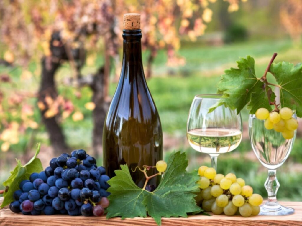 Rows of grapevines on a sunny slope near Caldaro, with a small tasting table and glasses in the foreground.