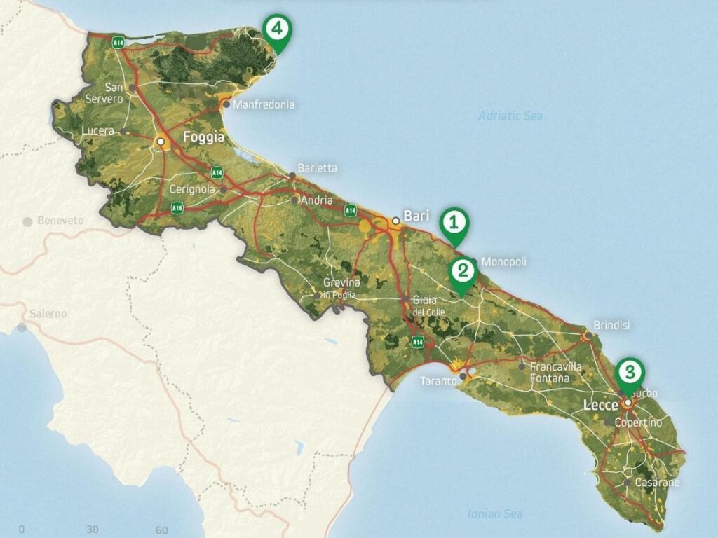 Travel itinerary map of Apulia showing Valle d’Itria, Lecce, and Salento coast.