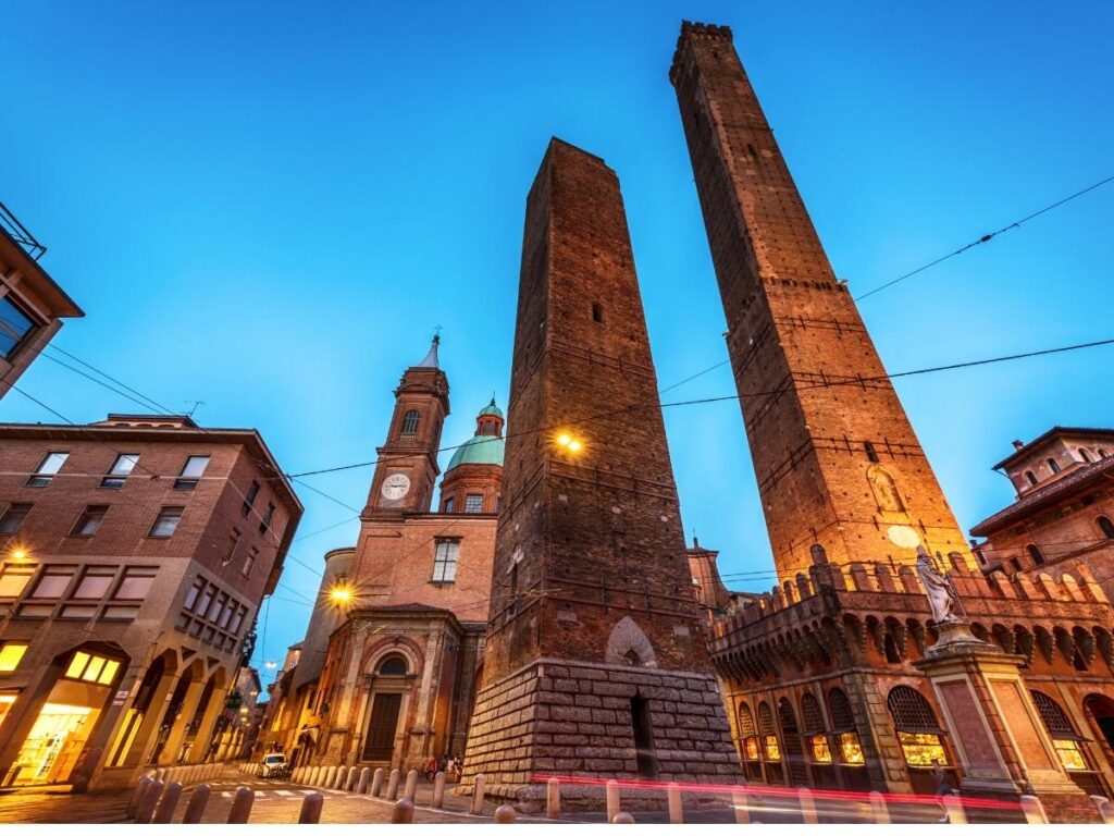 Panoramic view from the top of Bologna’s Asinelli Tower across the old city rooftops