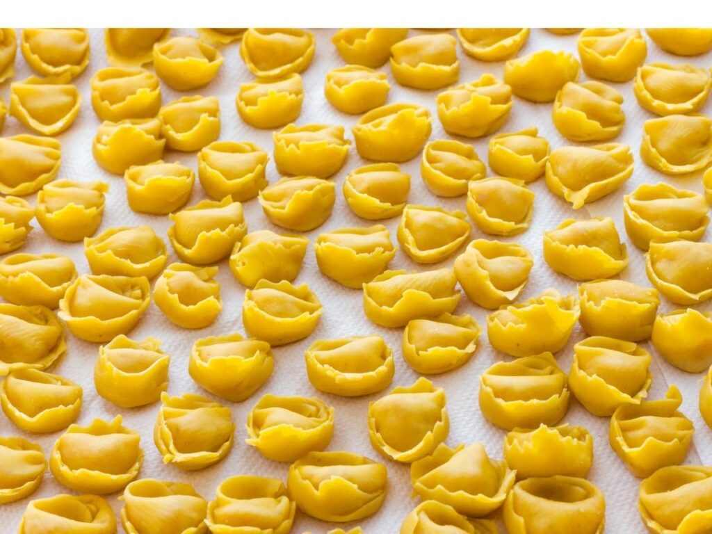 Hands rolling fresh tortellini dough during a cooking class in Bologna."