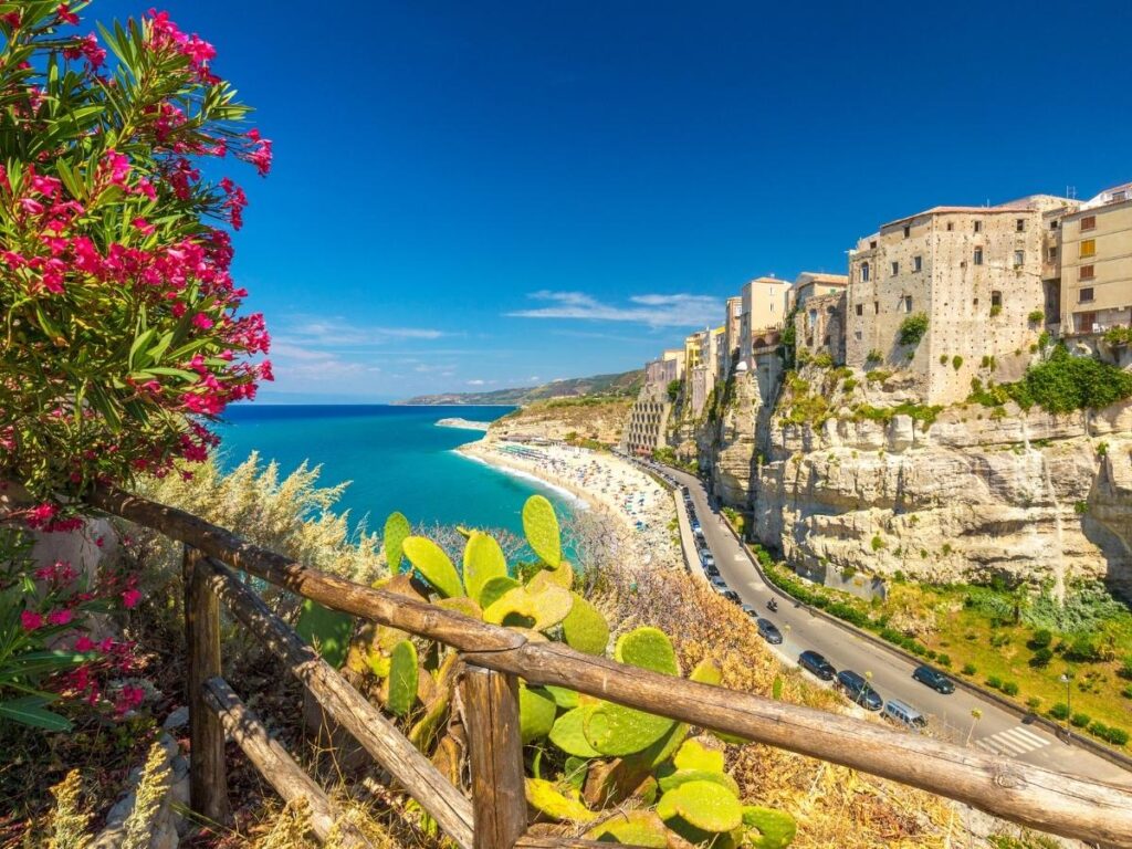 “Wildflowers blooming near the coast in Calabria during spring.”