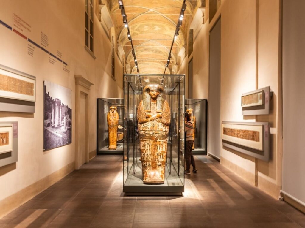 Ancient Egyptian sarcophagus and display at the Egyptian Museum in Turin