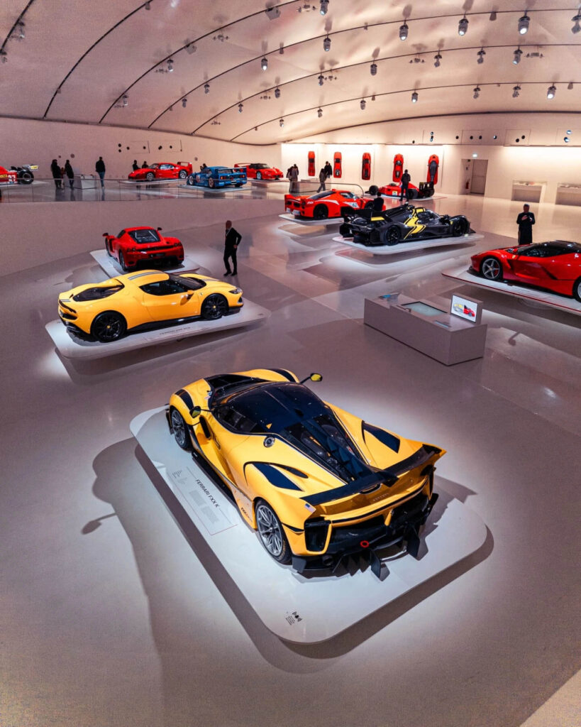 Vintage Ferrari cars on display inside the Enzo Ferrari Museum in Modena