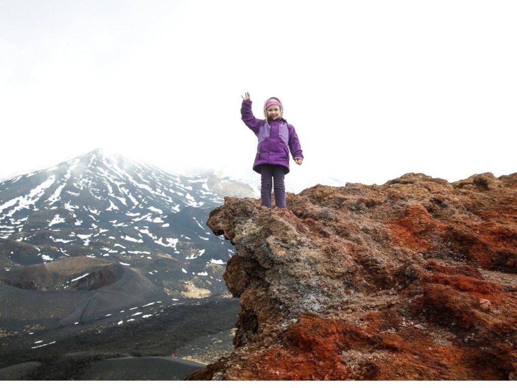 Guided hikers standing near the smoking summit craters of Mount Etna with sea views in the distance.”