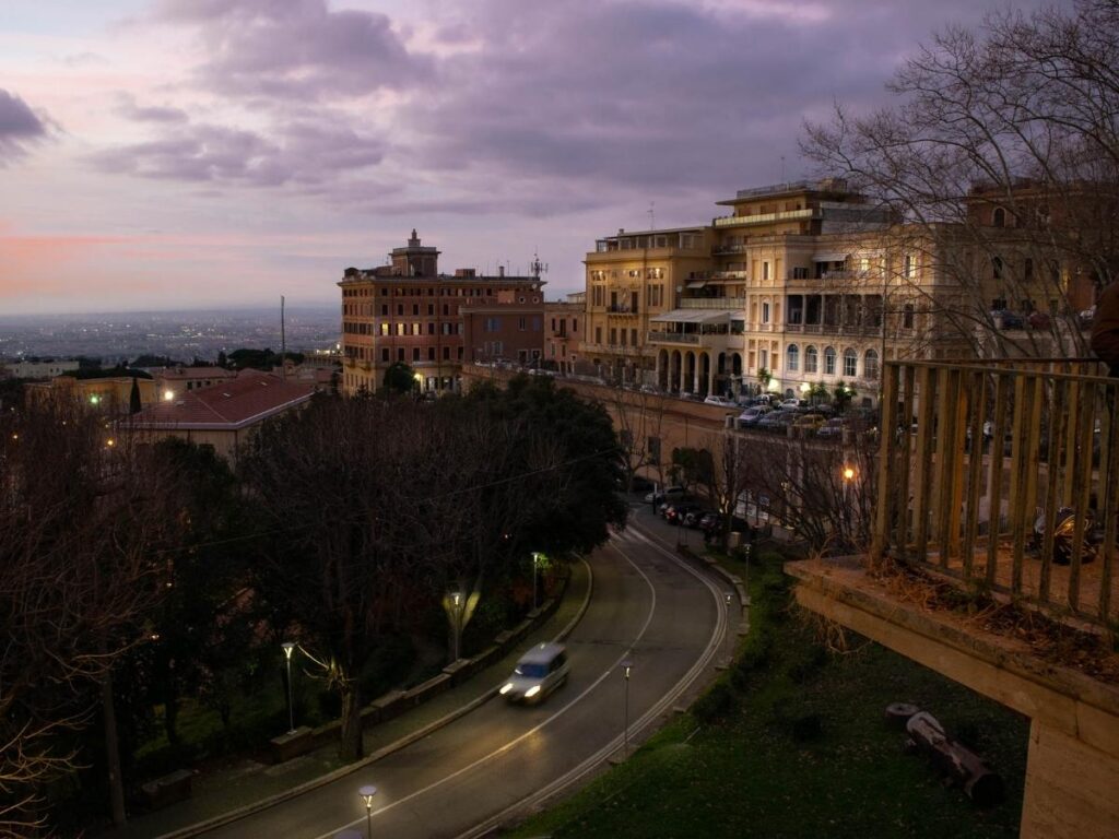 Evening lights in Frascati’s main square with locals enjoying aperitivo