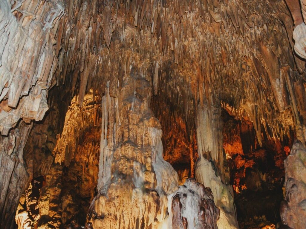 Limestone stalactites inside the Grotte di Castellana cave system.