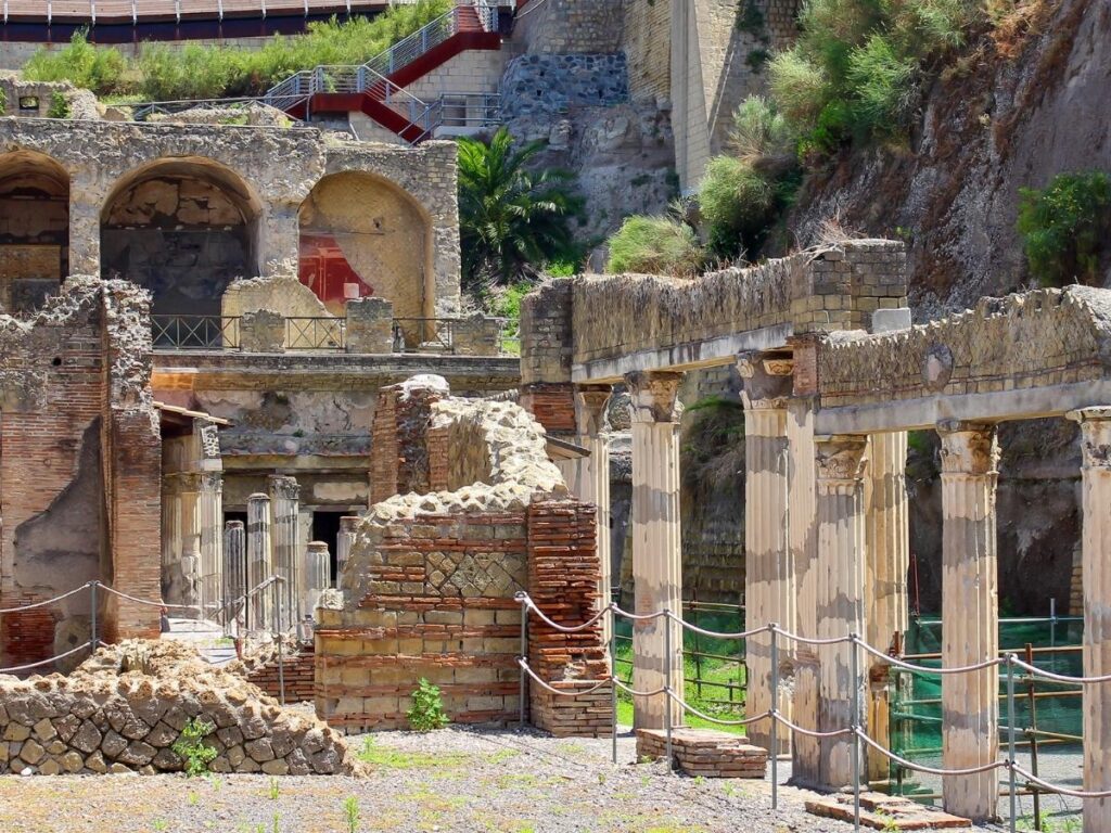 Excavated Roman houses with frescoes in Herculaneum.
