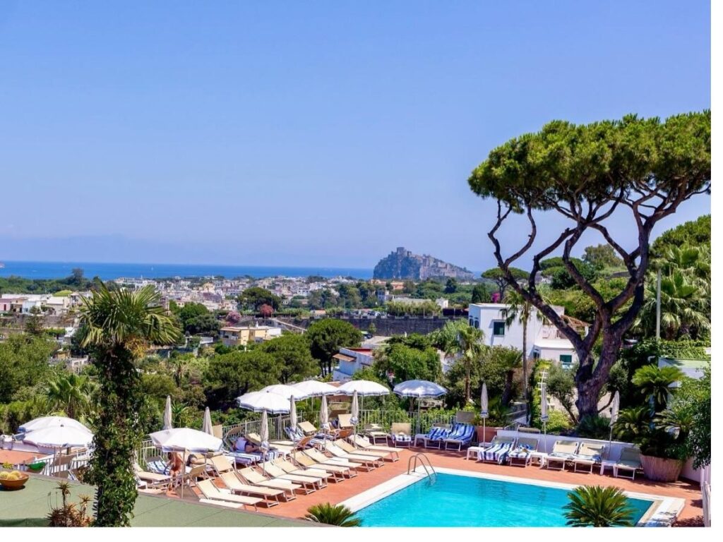 Thermal spa pool overlooking the sea on Ischia island.