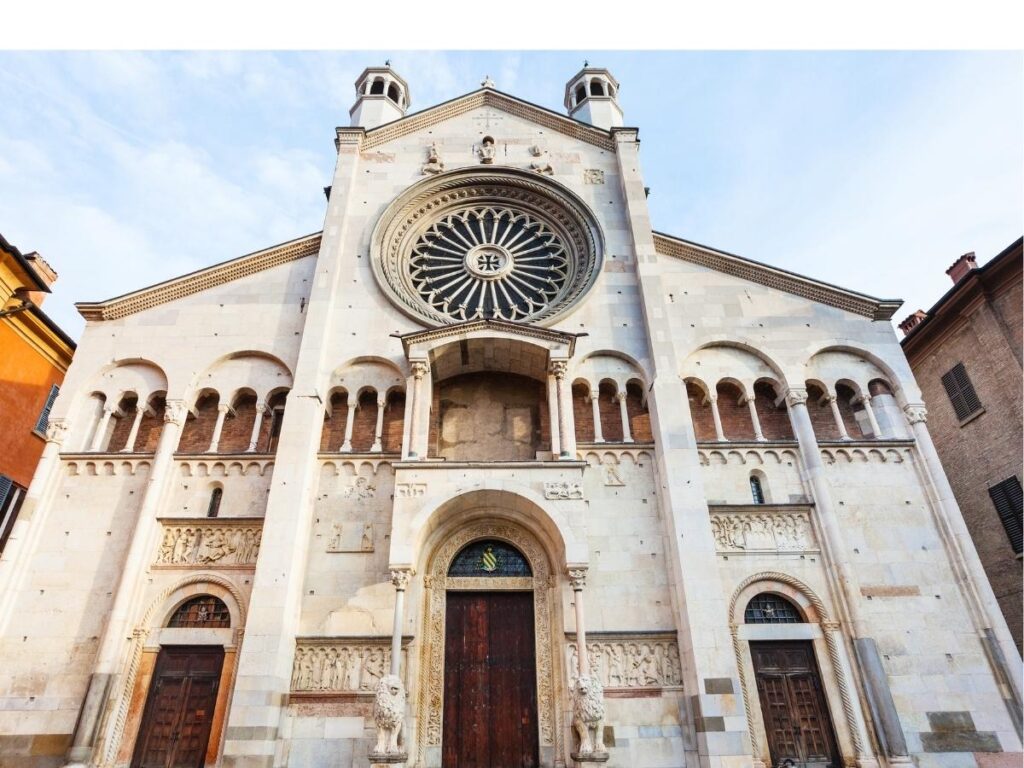 Romanesque façade of Modena Cathedral on Piazza Grande, a UNESCO World Heritage site