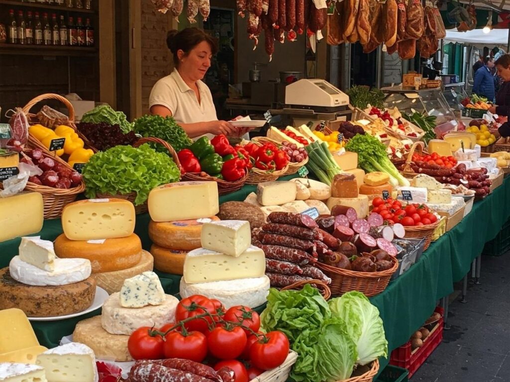 A gourmet food shop in Modena selling aged balsamic, cheese, and Mostarda Modenese