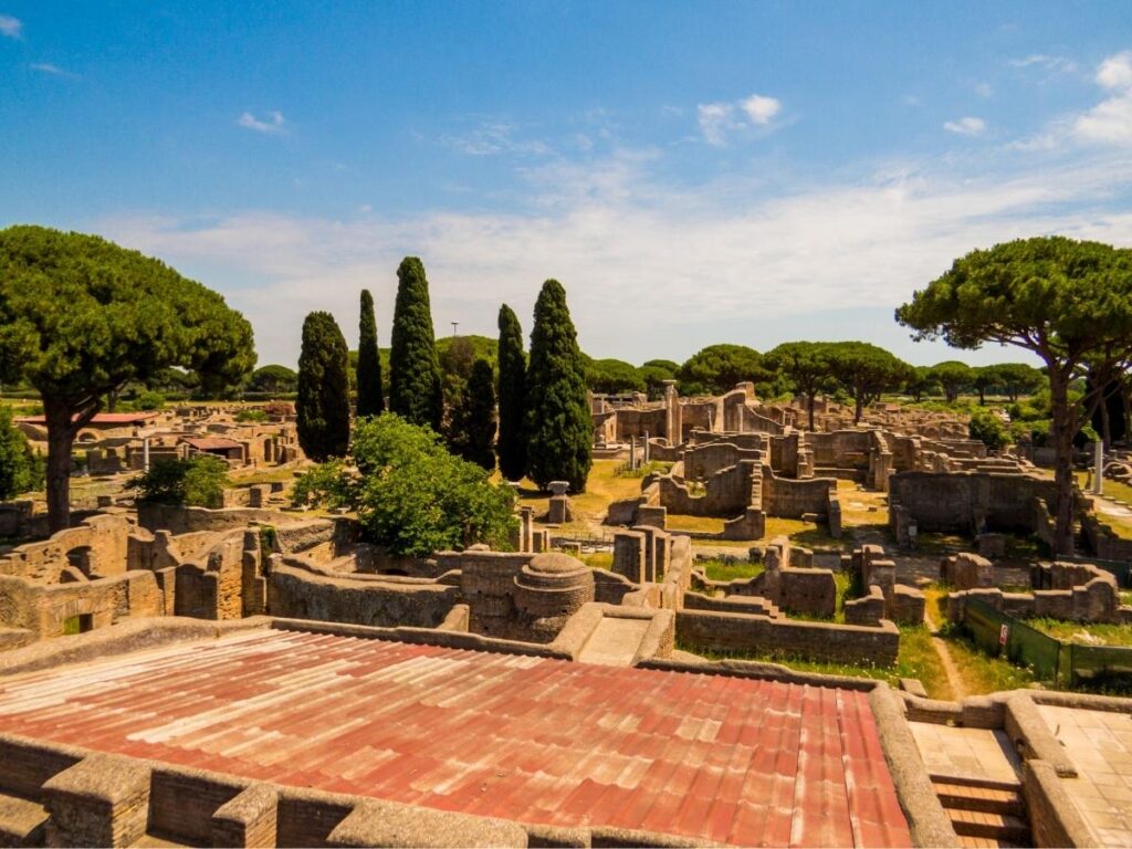 Ancient paved street and mosaic floor at Ostia Antica archaeological site