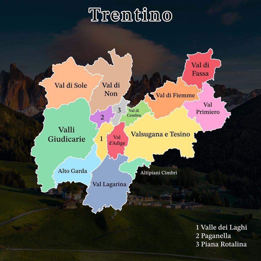 Simple illustrated map showing Bolzano, Trento, Merano, Lago di Braies, Seceda, and Lake Garda.