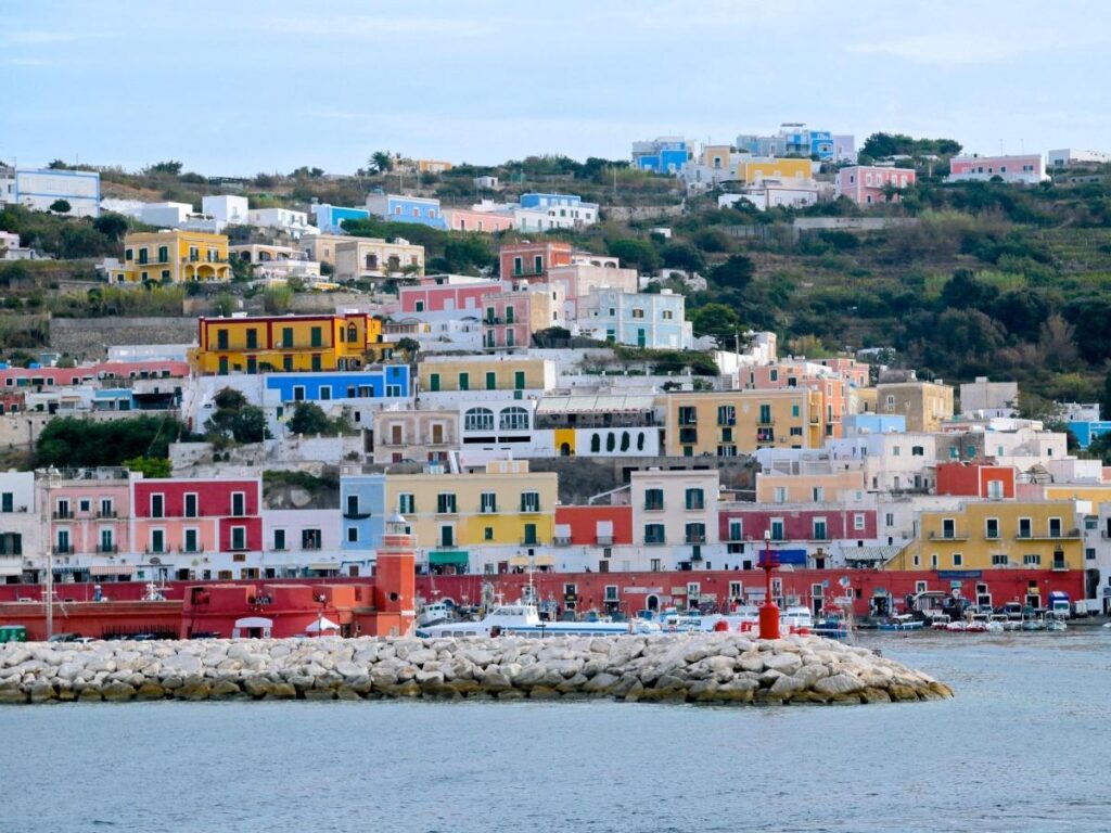 Colorful houses around the harbor of Ponza island"