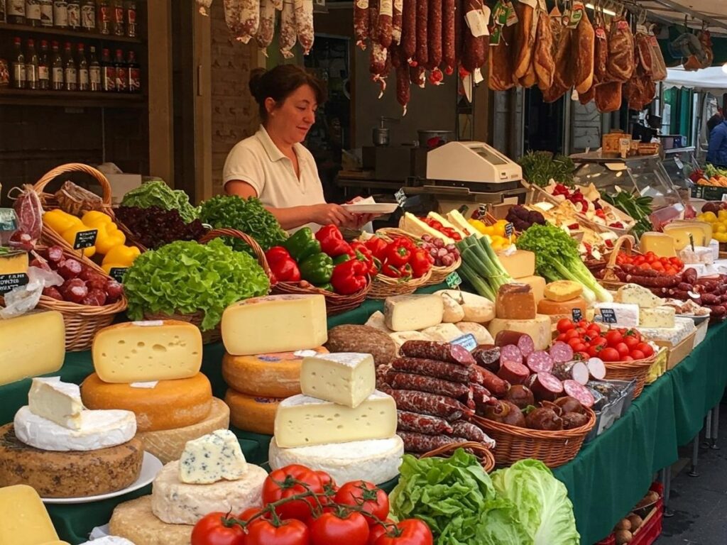 Colorful stalls of cheese, mortadella, and fresh pasta inside Bologna’s Quadrilatero market