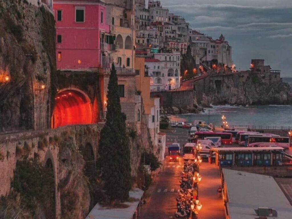 Palm-lined promenade in Salerno overlooking the Tyrrhenian Sea.