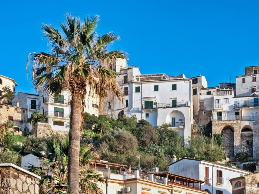 Whitewashed houses of Sperlonga overlooking the sandy beach
