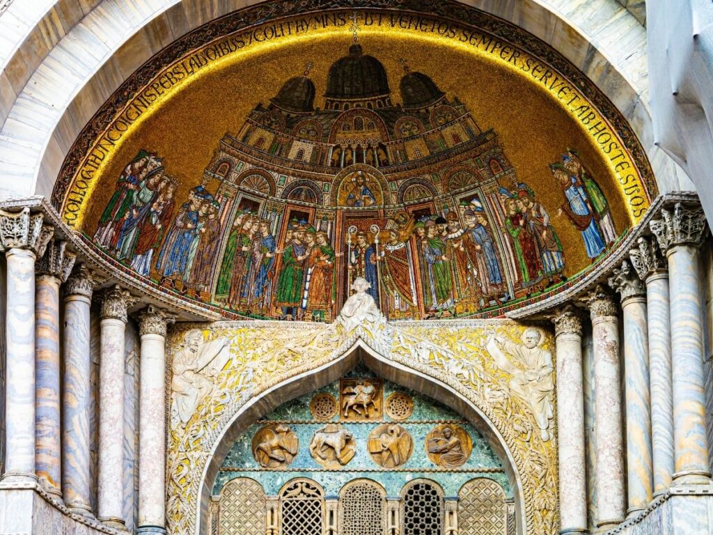 Golden mosaics shimmering inside St. Mark’s Basilica in Venice
