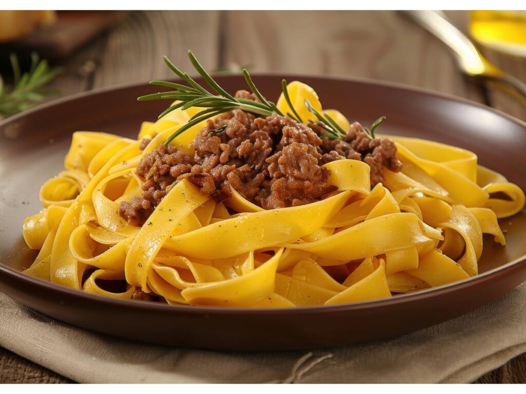 Fresh tagliatelle al ragù served with a glass of red wine in Bologna