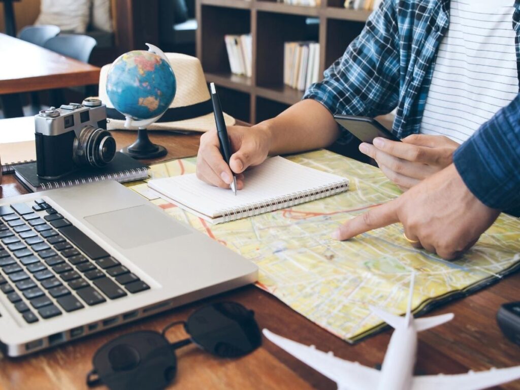 Traveler reviewing a tour itinerary.