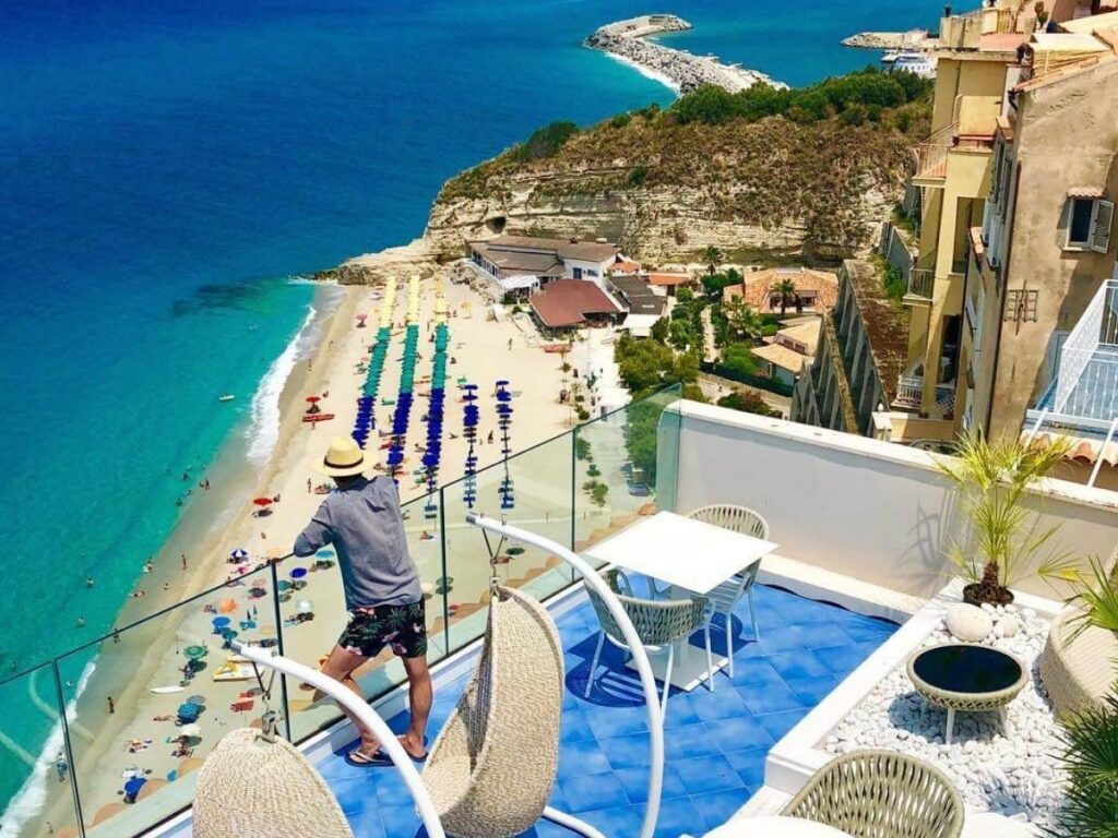 Boutique B&B balcony overlooking Tropea’s old town and sea