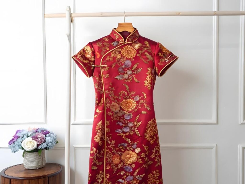 Fancy evening dress hanging in hotel closet, never worn during vacation
