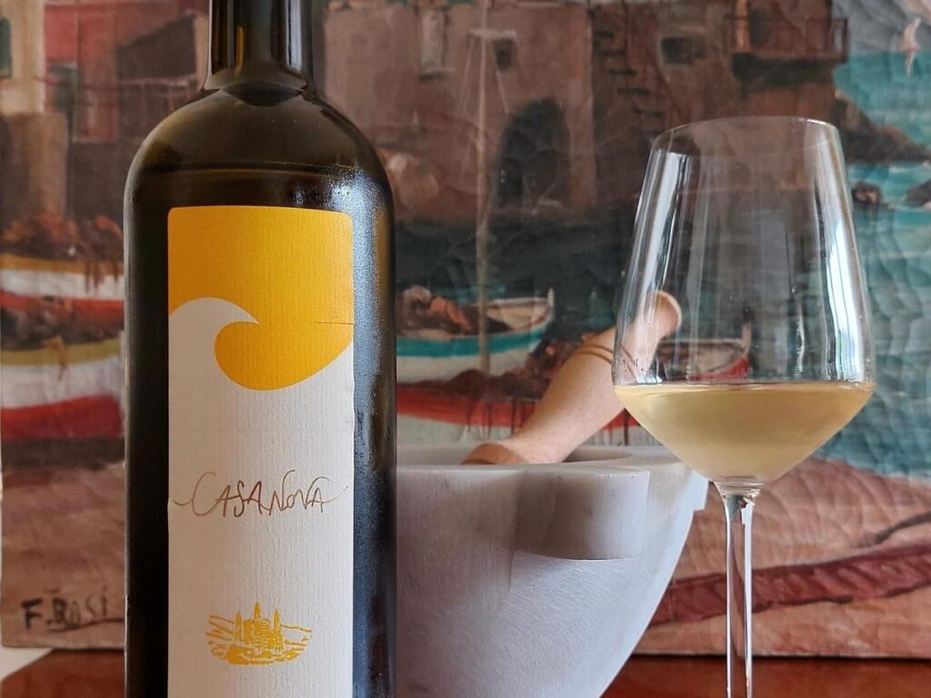 Glass of chilled Vermentino white wine with sea view in the background.