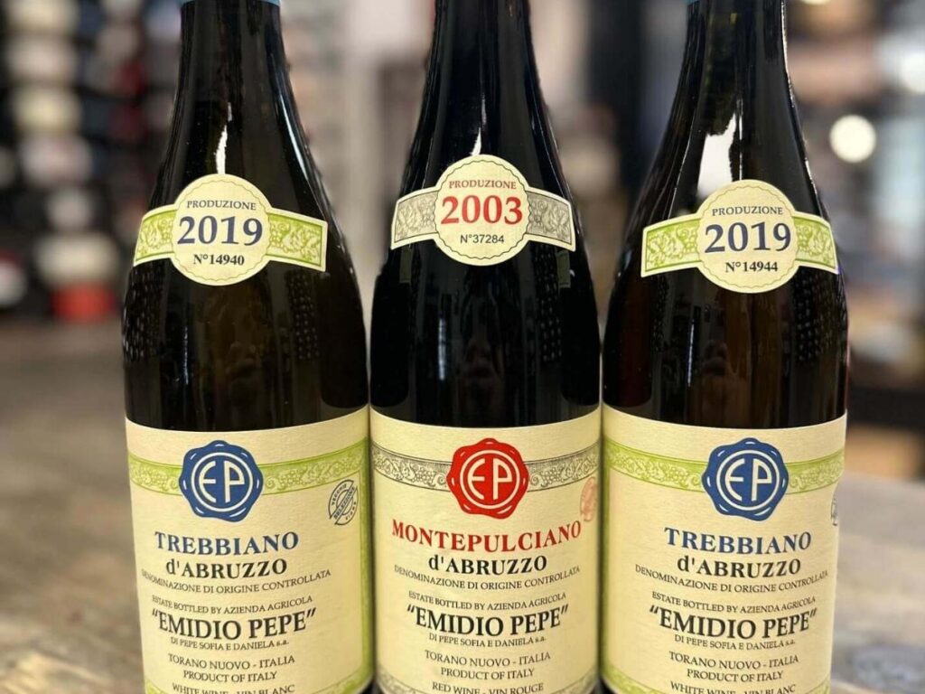 A rustic wooden table in an Abruzzo winery with glasses of red wine, homemade salami, and bread served by the winemaker’s family