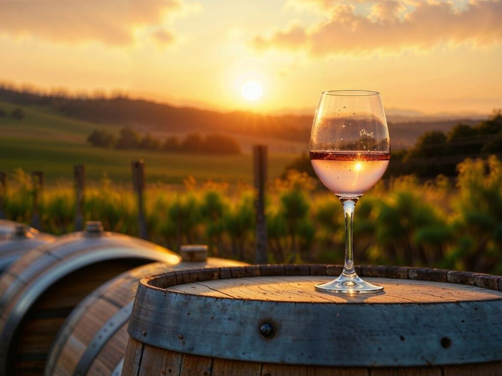 Glass of deep red Aglianico wine held up against a view of Basilicata vineyards at sunset