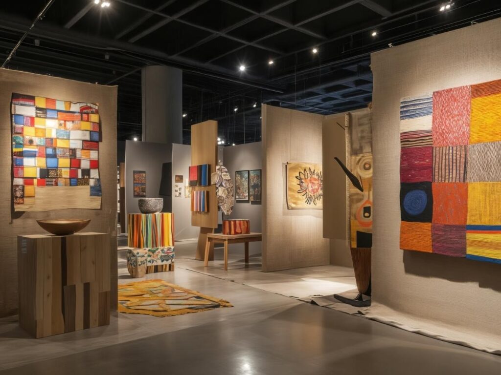 Art exhibit inside airport with travelers exploring during layover