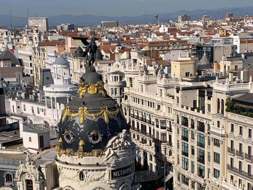 Guests enjoying drinks at Azotea del Círculo de Bellas Artes rooftop in Madrid
