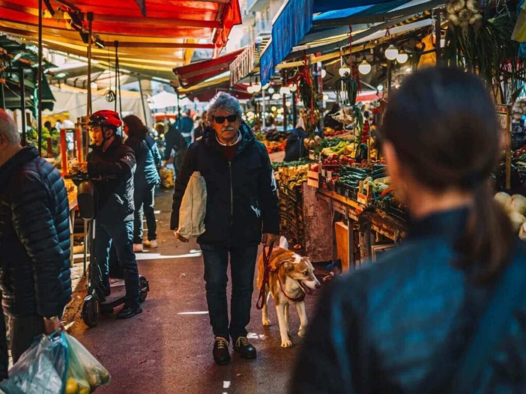 Vendors setting up stalls at Ballarò Market in the morning light, Palermo