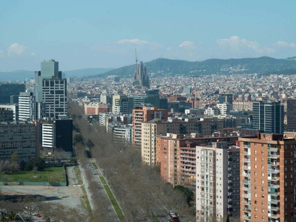 Barcelona skyline with Mediterranean Sea in the distance
